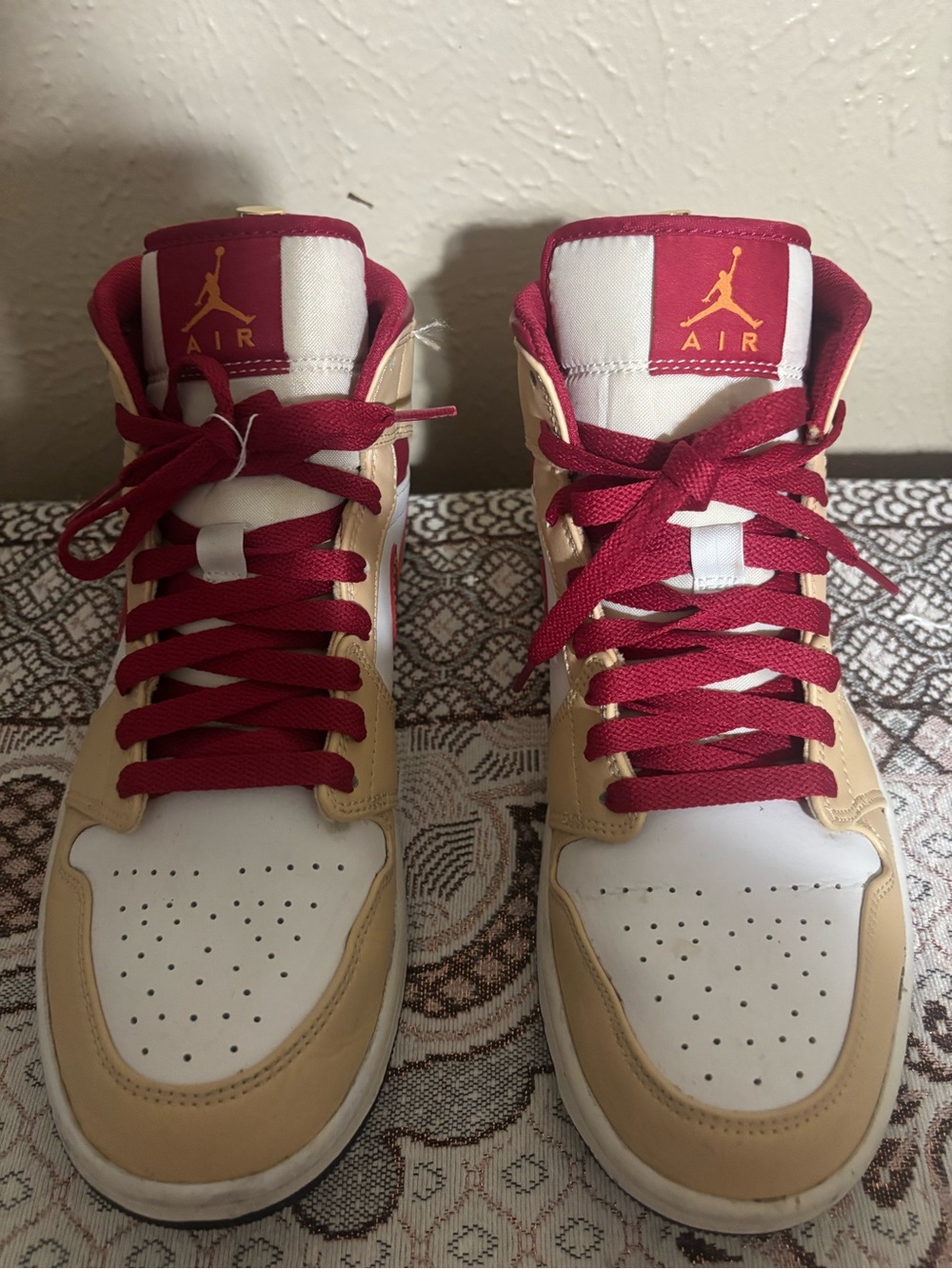 Jordan High-Top Sneakers in White, Beige & Burgundy. Size 9
